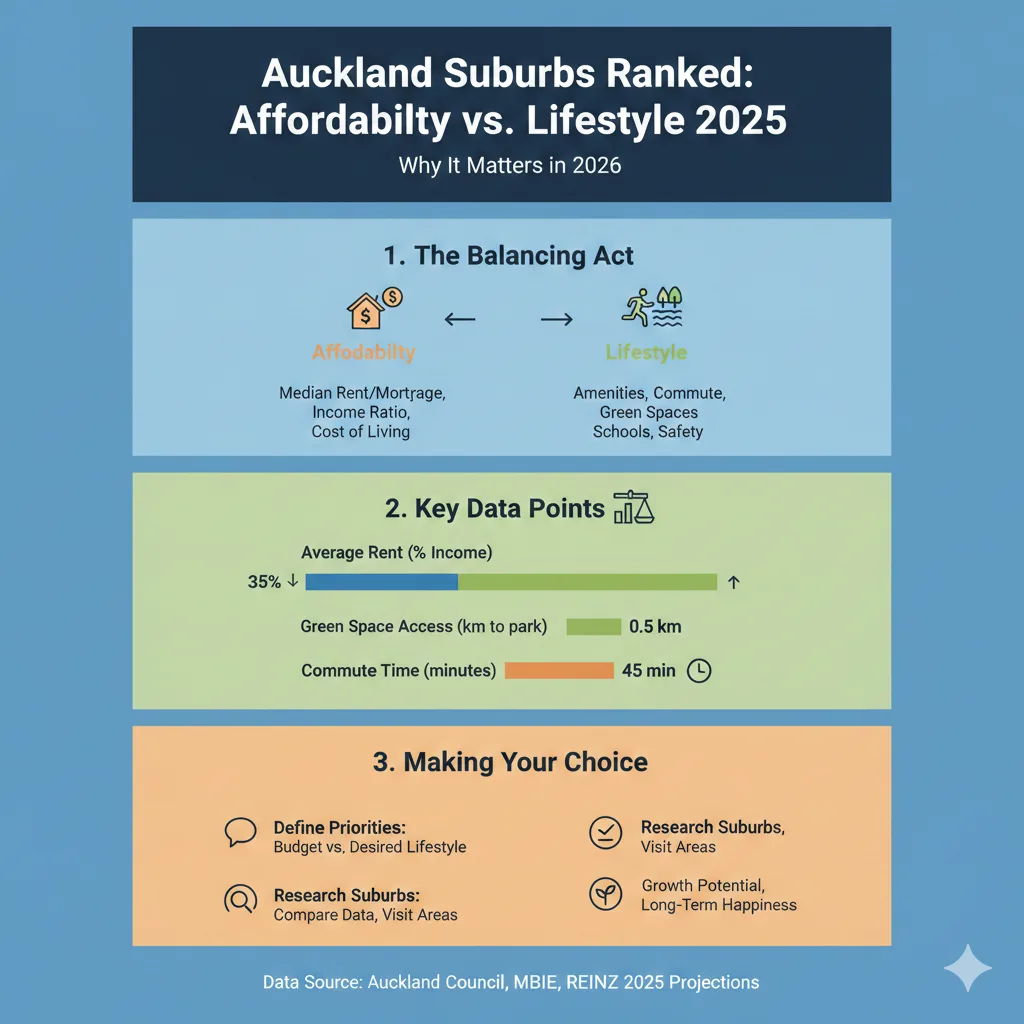 Infographic: Auckland Suburbs Ranked: Affordability vs Lifestyle 2025 ā key facts and figures at a glance