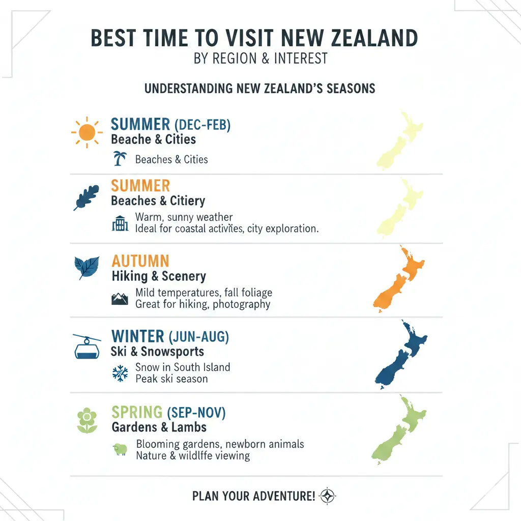 Infographic: Best Time to Visit New Zealand by Region and Interest (Beaches, Ski, Hiking, Cities) — key facts and figures at a glance