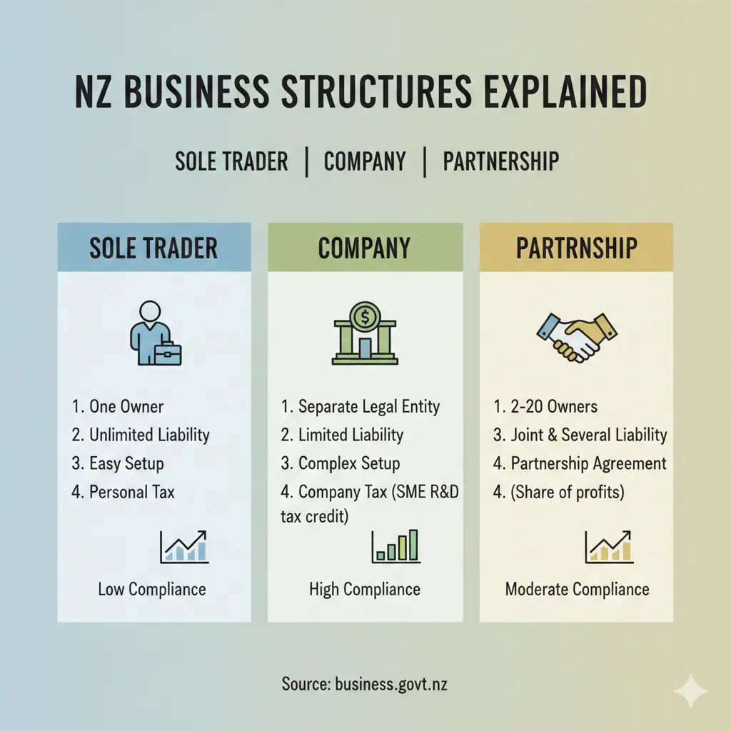 Infographic: Business Structures Explained: Sole Trader vs Company vs Partnership — key facts and figures at a glance