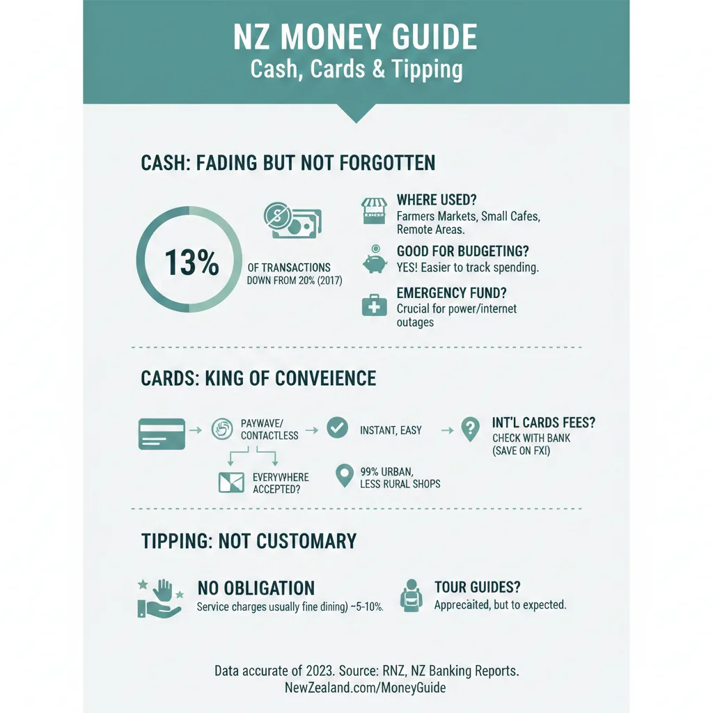 Infographic: Cash, Cards and Tipping in New Zealand: How Money Really Works Here — key facts and figures at a glance