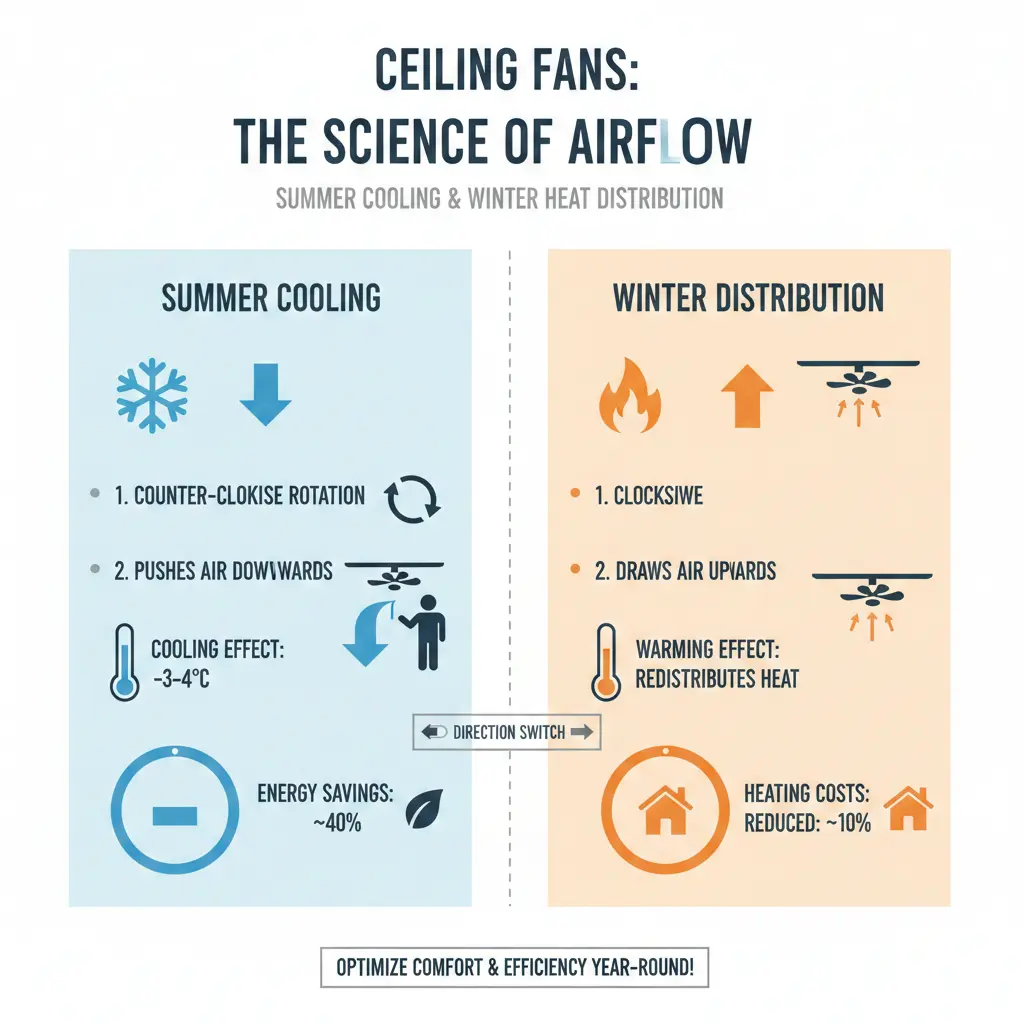 Infographic: Ceiling Fans: Summer Cooling and Winter Heat Distribution — key facts and figures at a glance