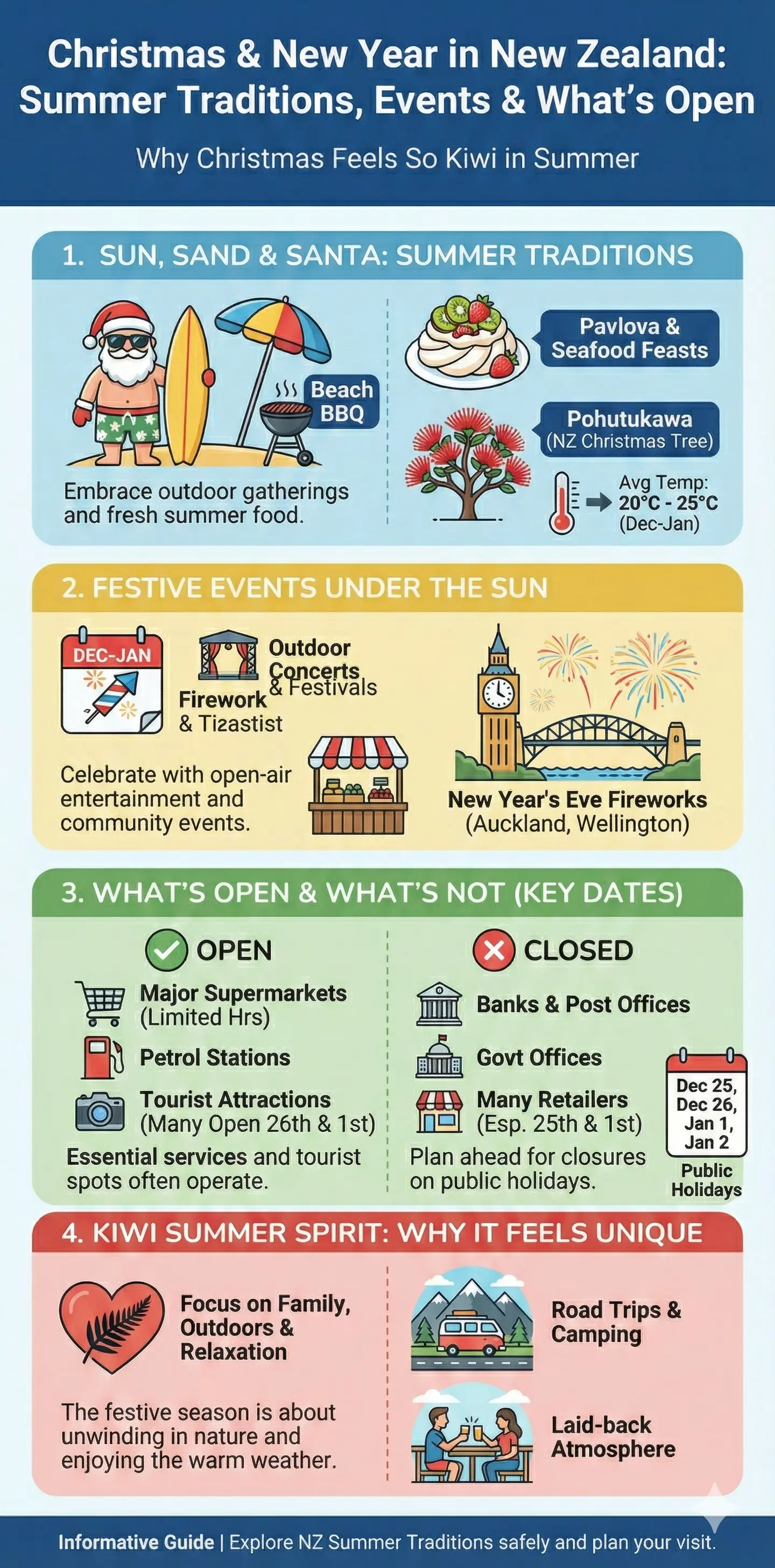 Infographic: Christmas and New Year in New Zealand: Summer Traditions, Events and What’s Open — key facts and figures at a glance