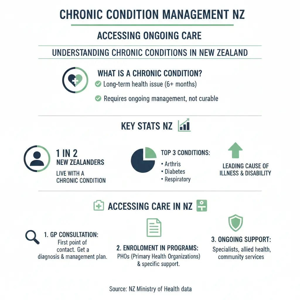 Infographic: Chronic Condition Management NZ: Accessing Ongoing Care — key facts and figures at a glance