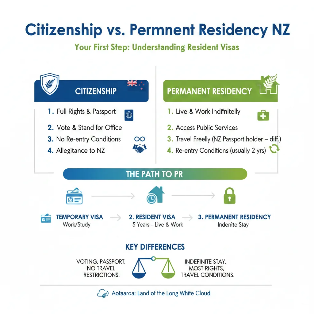 Infographic: Citizenship vs Permanent Residency NZ: Key Differences — key facts and figures at a glance