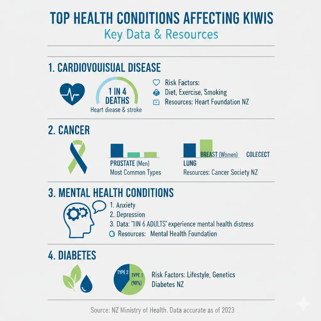 Infographic: Common Health Conditions in NZ: Guides and Resources — key facts and figures at a glance