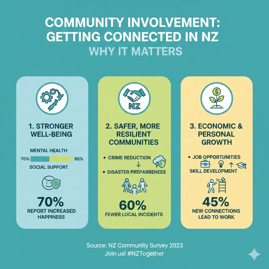 Infographic: Community Involvement: Getting Connected in NZ — key facts and figures at a glance