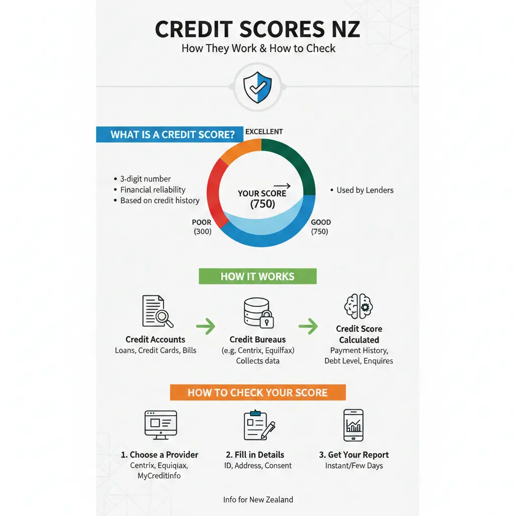Infographic: Credit Scores NZ: How They Work and How to Check — key facts and figures at a glance