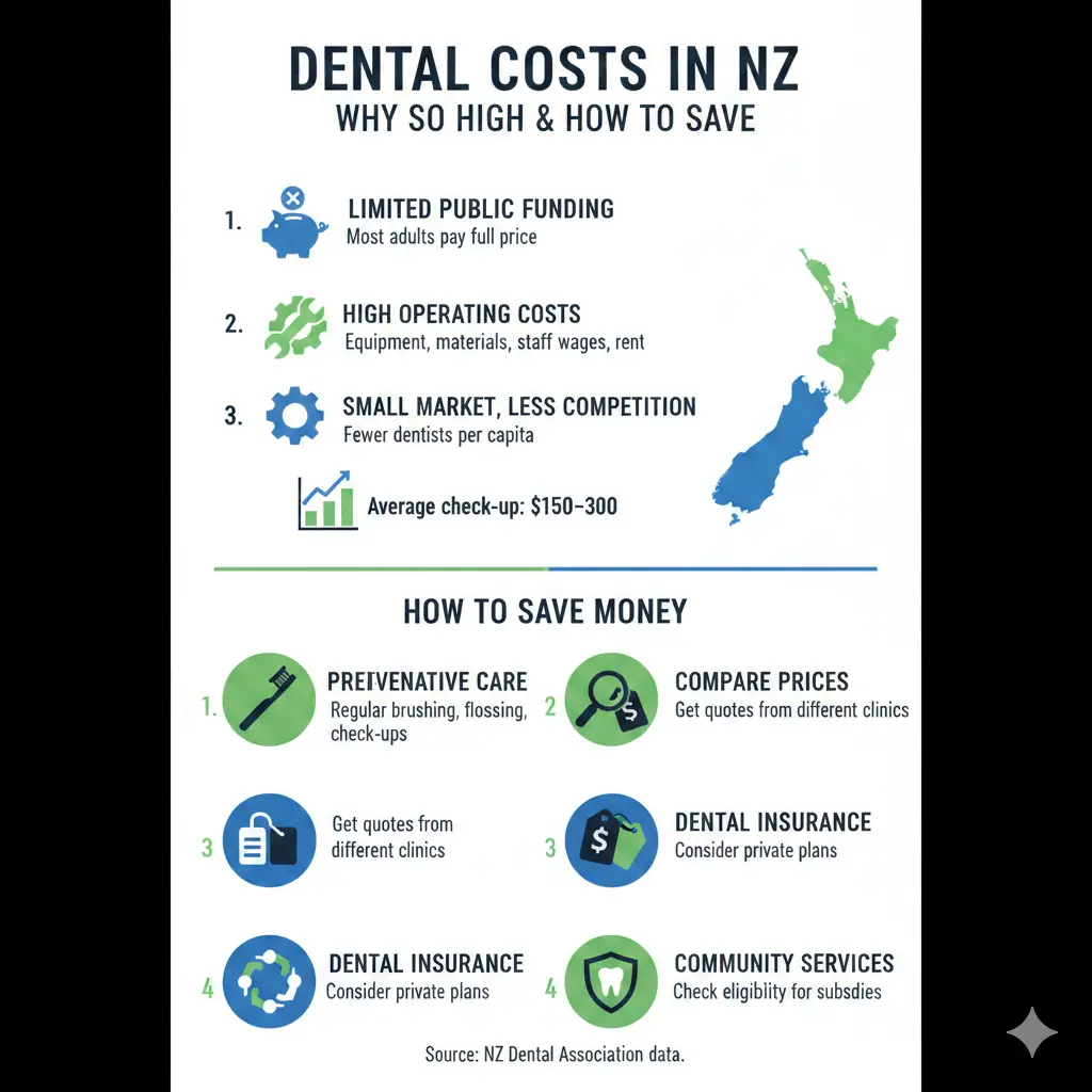 Infographic: Dental Costs in NZ: Why They are High and How to Save Money — key facts and figures at a glance