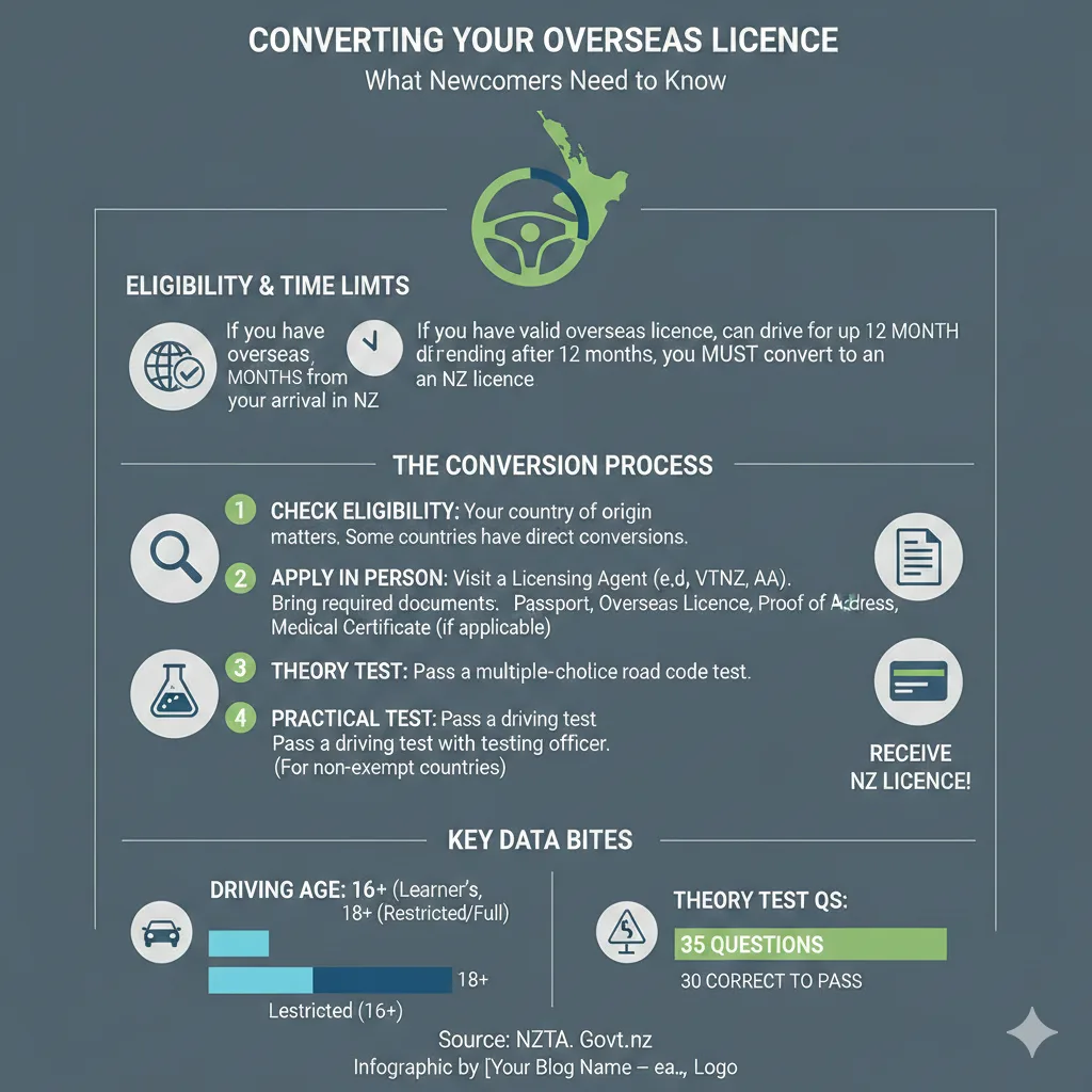 Infographic: Driving in NZ as a Newcomer: Rules and License Conversion — key facts and figures at a glance