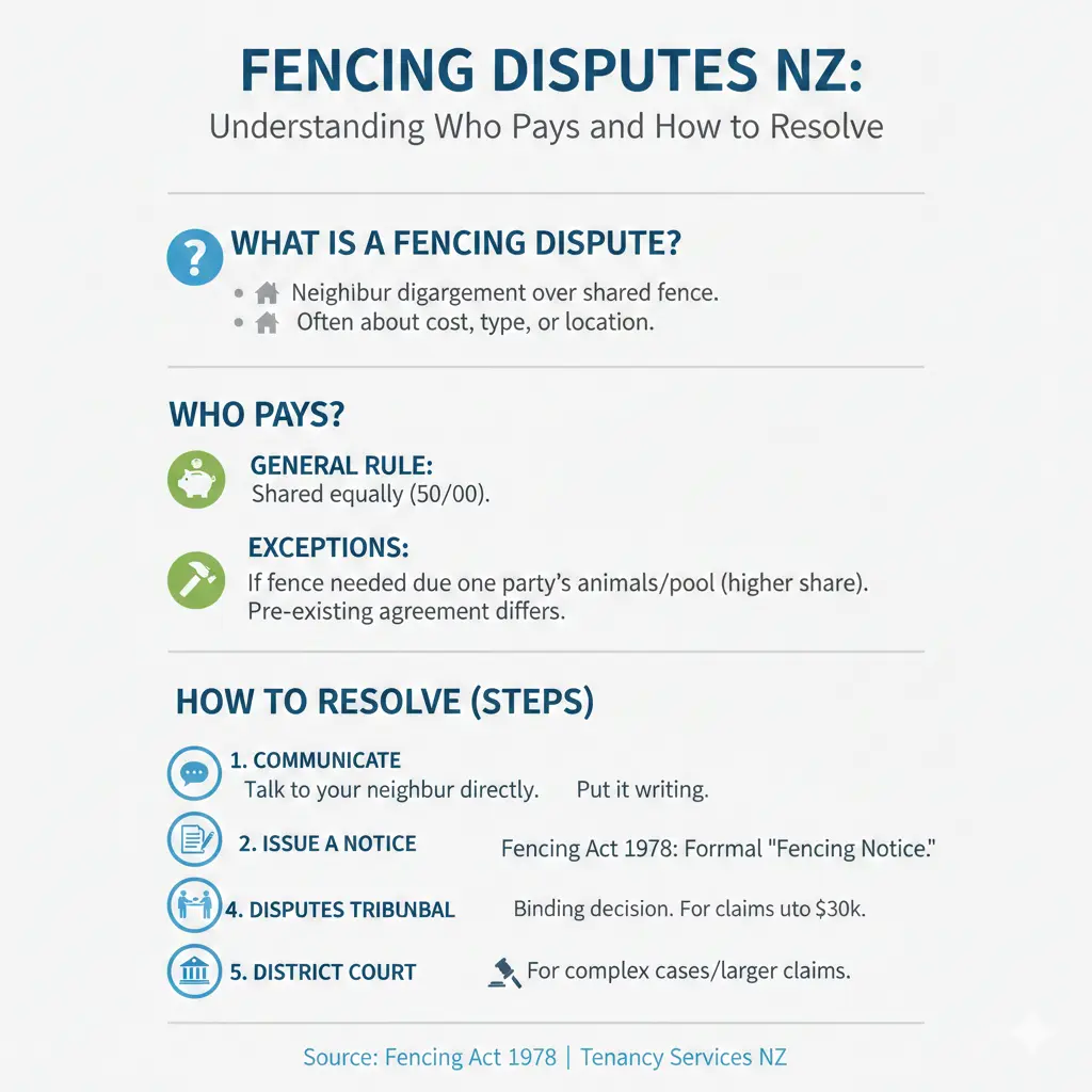 Infographic: Fencing Disputes NZ: Who Pays and How to Resolve — key facts and figures at a glance