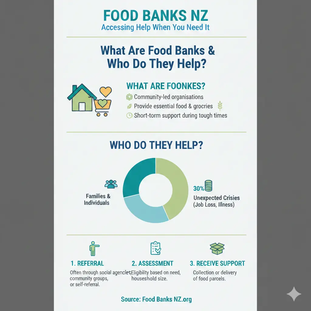 Infographic: Food Banks NZ: Accessing Help When You Need It — key facts and figures at a glance