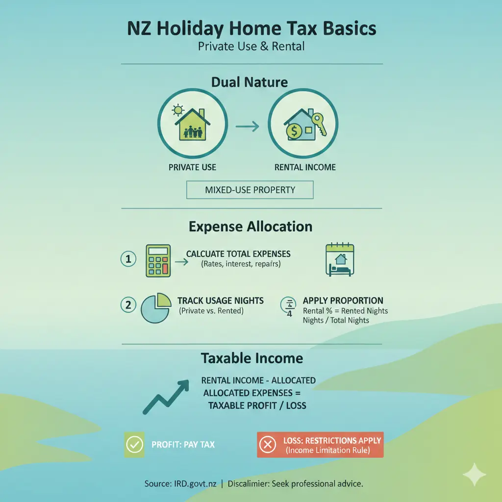 Infographic: Holiday Home Tax Rules NZ: Private Use and Rental — key facts and figures at a glance