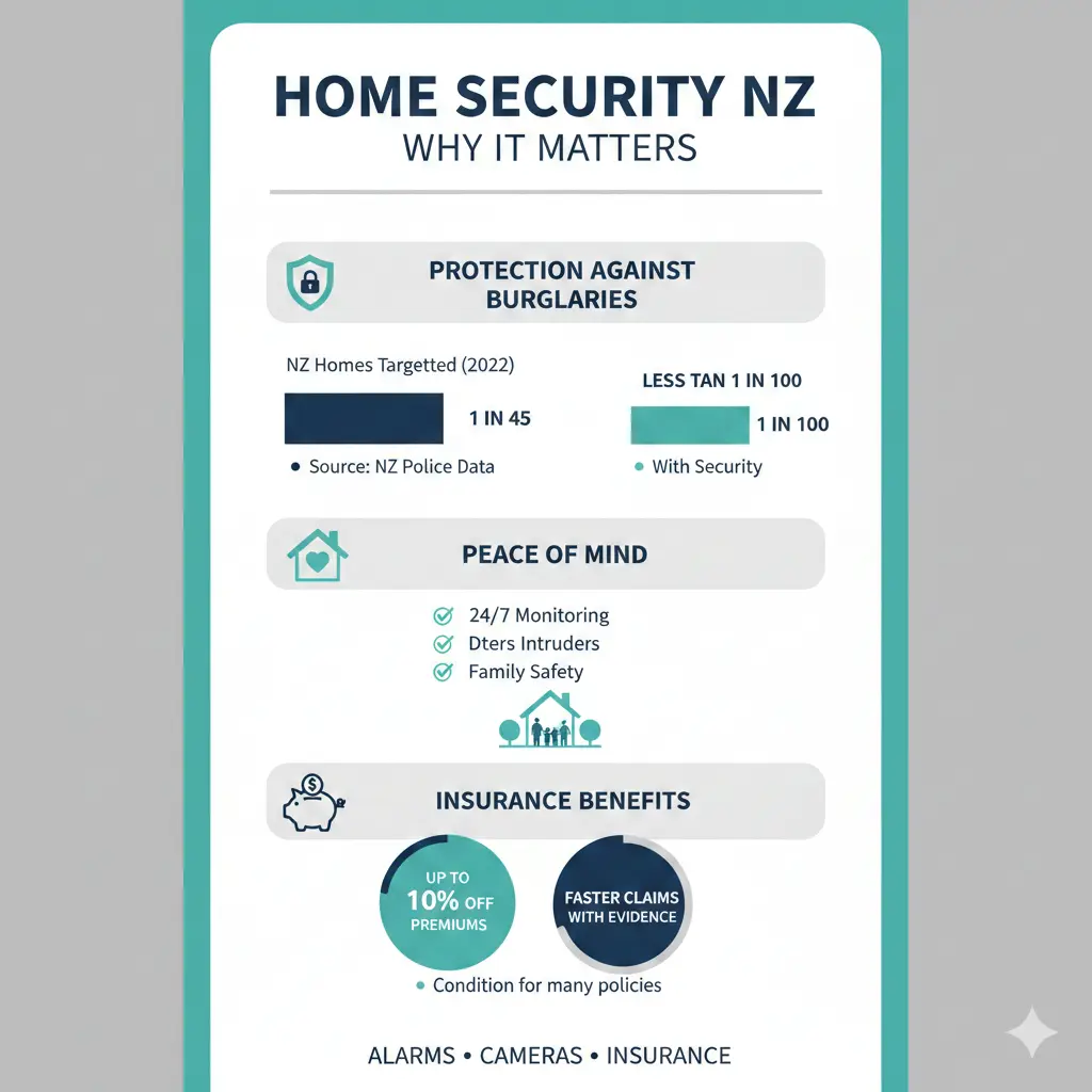 Infographic: Home Security NZ: Alarms Cameras and Insurance — key facts and figures at a glance