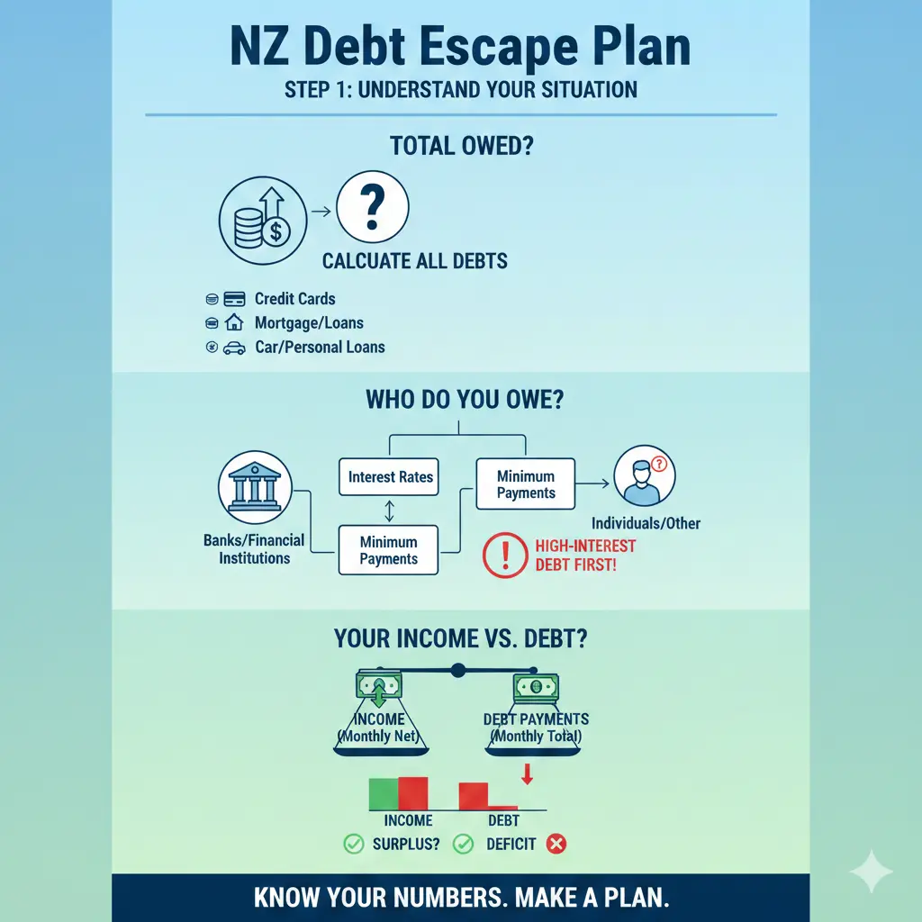 Infographic: How to Get Out of Debt: A Step-by-Step NZ Guide — key facts and figures at a glance