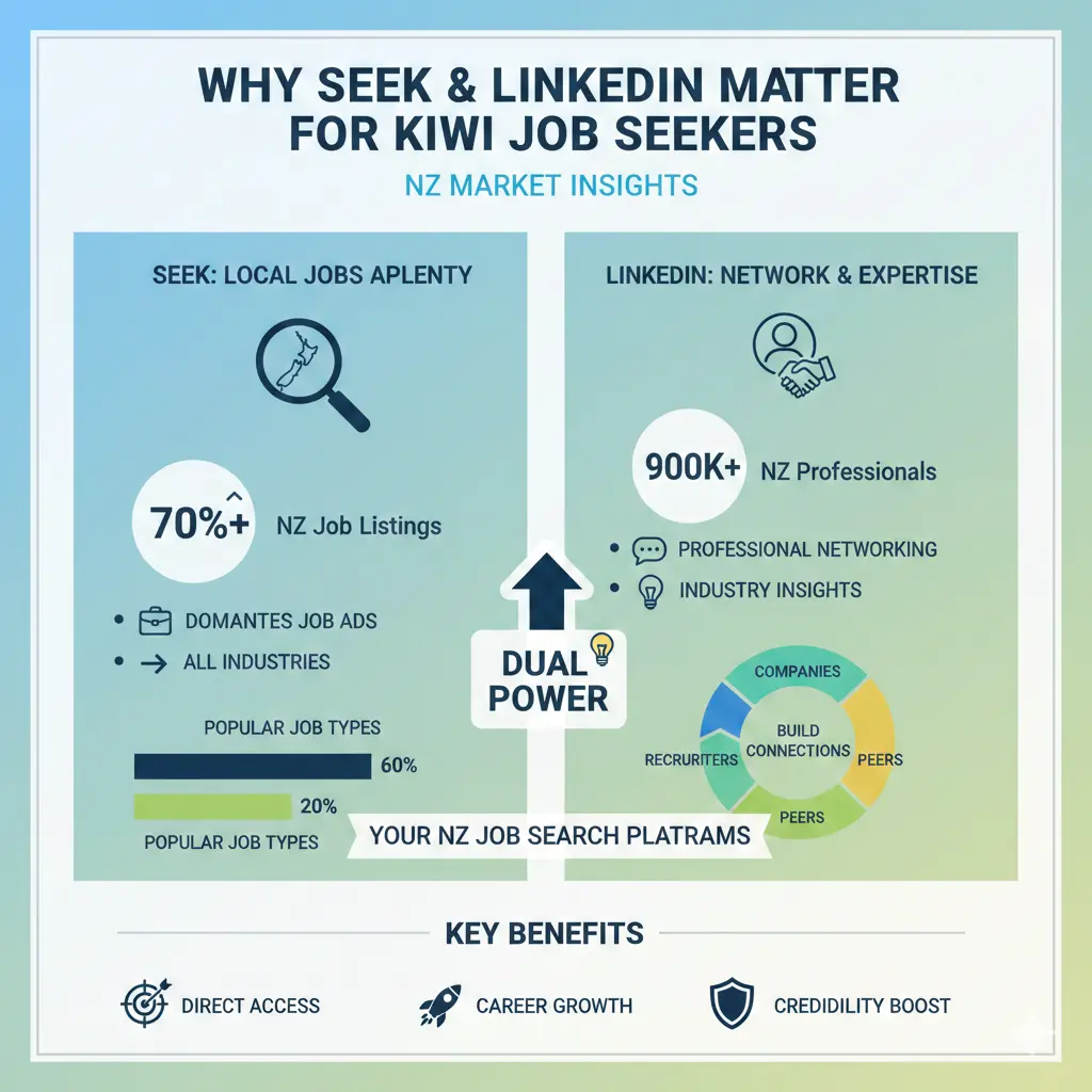 Infographic: How to Use Seek & LinkedIn Effectively for the NZ Market — key facts and figures at a glance