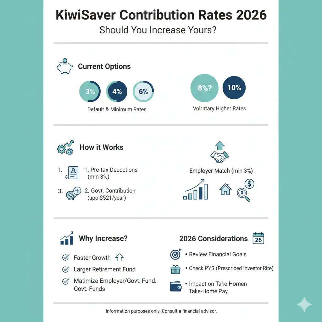 Infographic: KiwiSaver Contribution Rate: Should You Increase Yours? โ key facts and figures at a glance
