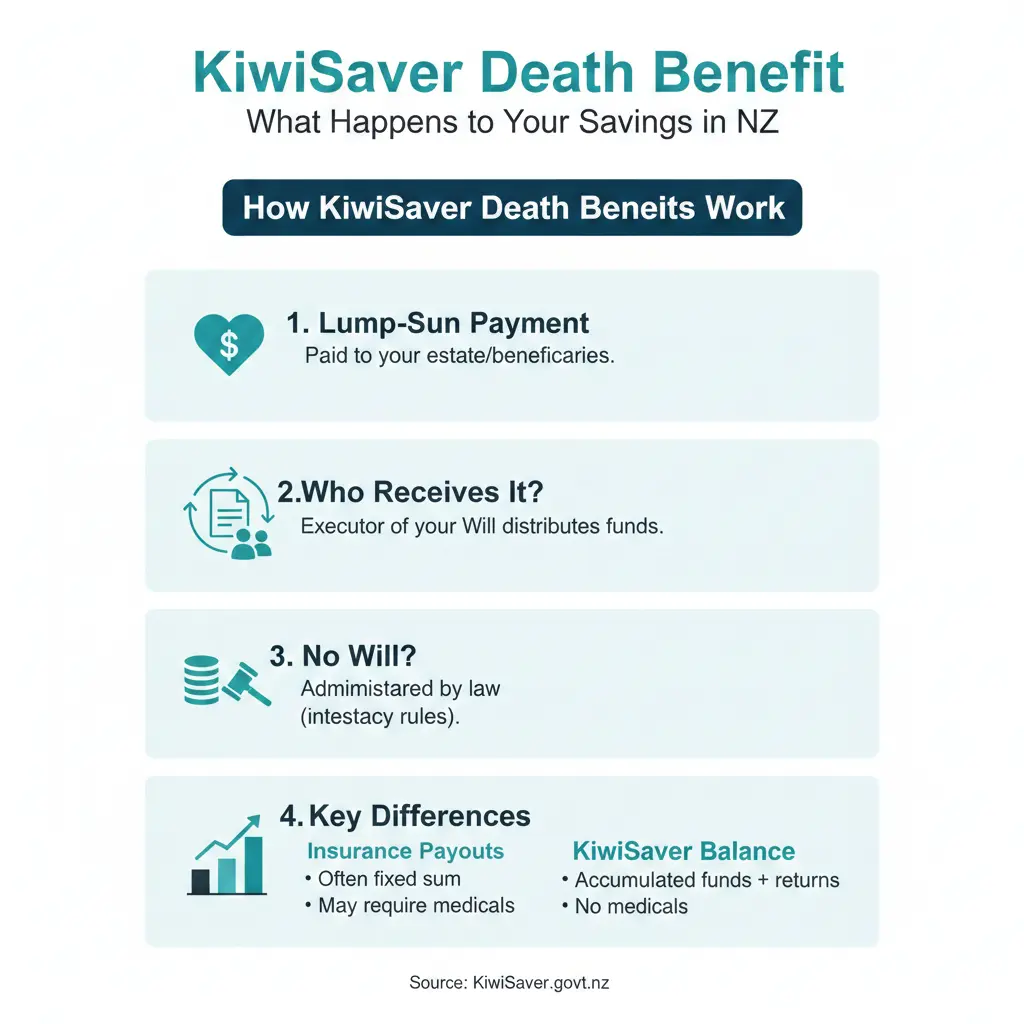 Infographic: KiwiSaver Death Benefit: What Happens to Your Savings — key facts and figures at a glance