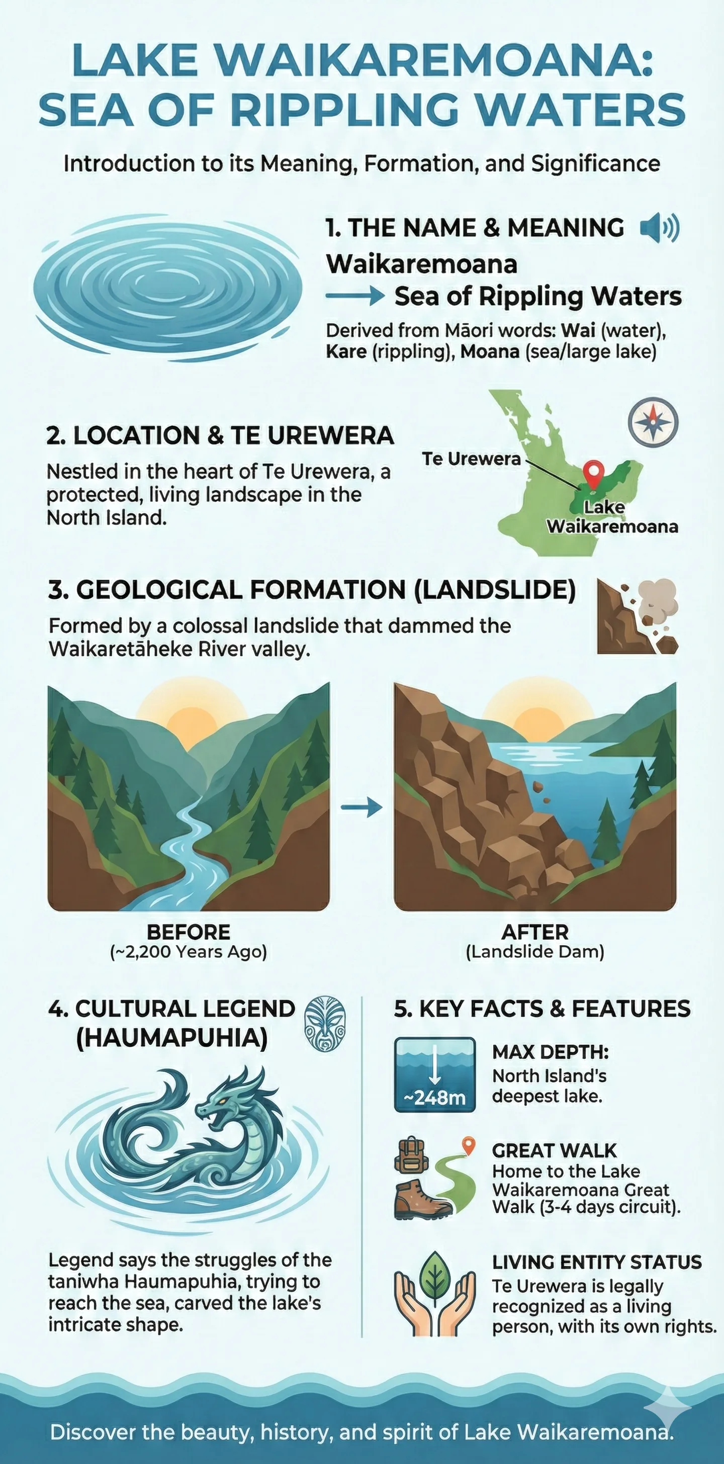 Infographic: Lake Waikaremoana Means 'Sea of Rippling Waters' — key facts and figures at a glance