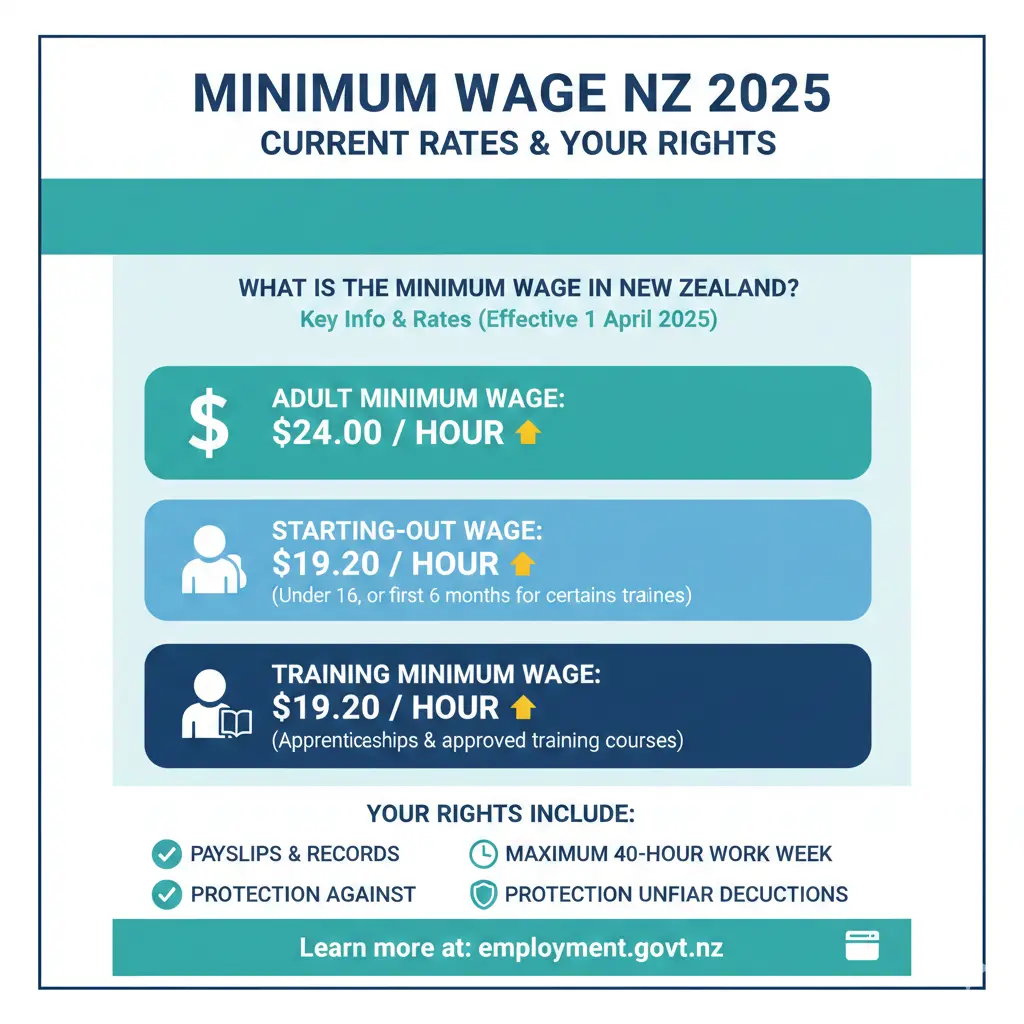 Infographic: Minimum Wage NZ 2025: Current Rates and Your Rights — key facts and figures at a glance