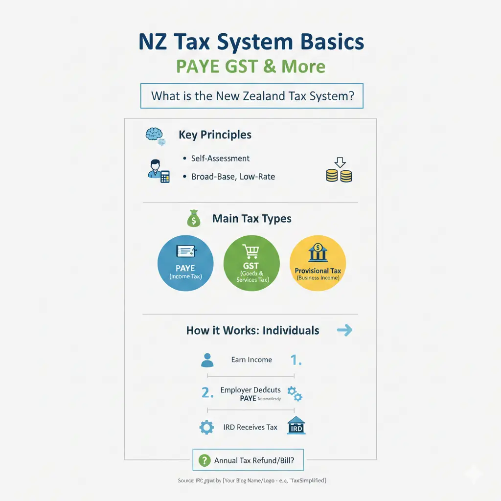 Infographic: NZ Tax System Basics: PAYE GST and More — key facts and figures at a glance
