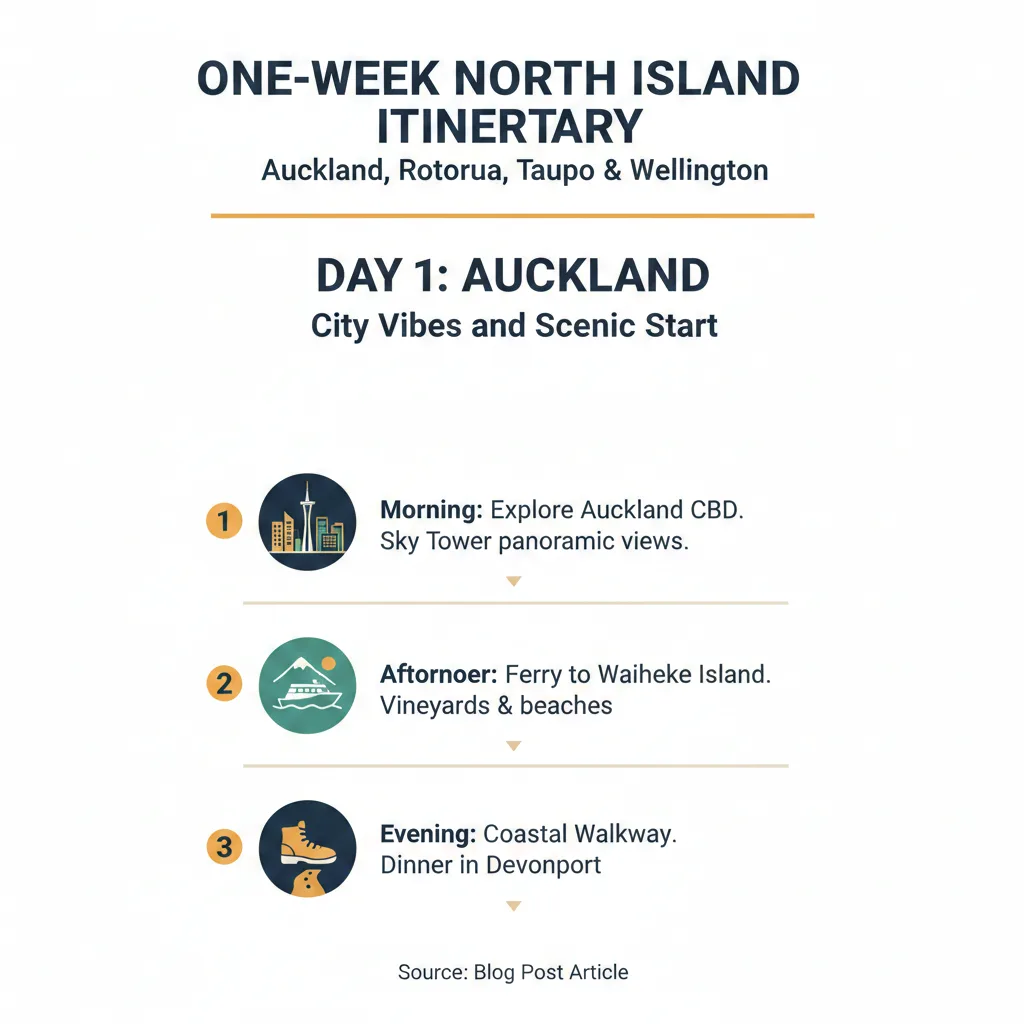 Infographic: One‑Week North Island Itinerary: Auckland, Rotorua, Taupo & Wellington — key facts and figures at a glance