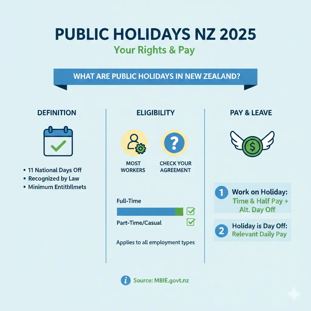 Infographic: Public Holidays NZ 2025: Your Rights and Pay — key facts and figures at a glance