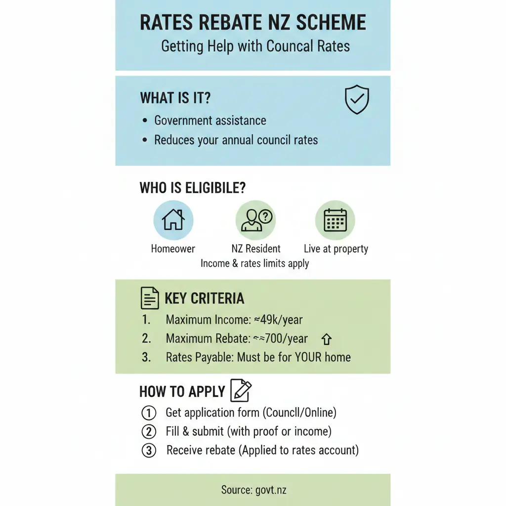 Infographic: Rates Rebate NZ: Getting Help with Council Rates — key facts and figures at a glance