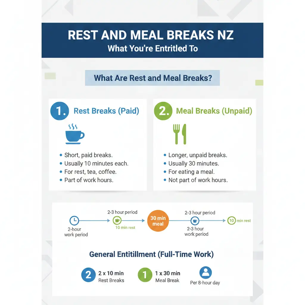 Infographic: Rest and Meal Breaks NZ: What You're Entitled To — key facts and figures at a glance