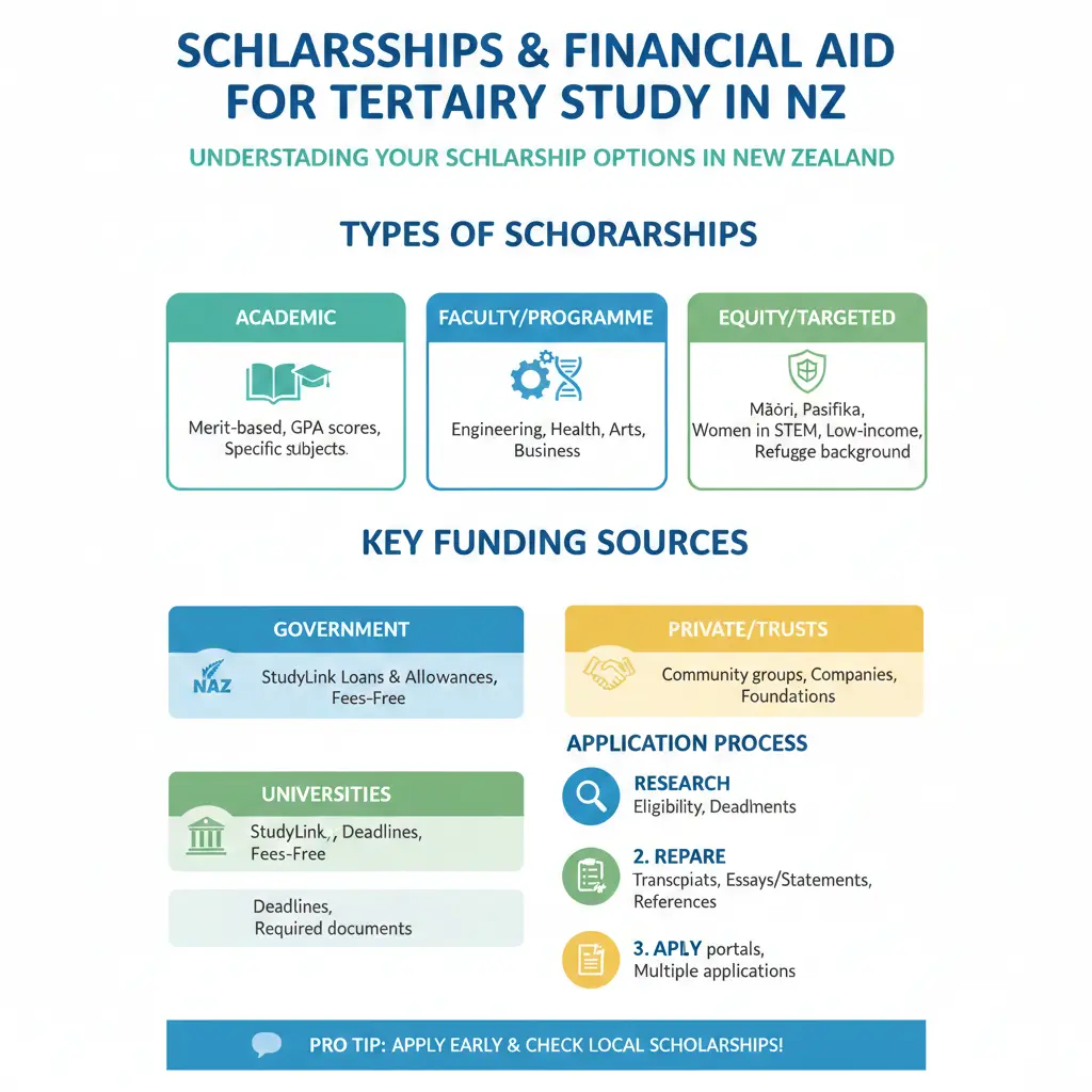 Infographic: Scholarships & Financial Aid for Tertiary Study in NZ — key facts and figures at a glance