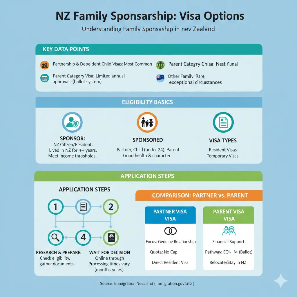 Infographic: Sponsoring Family Members to NZ: Visa Options — key facts and figures at a glance