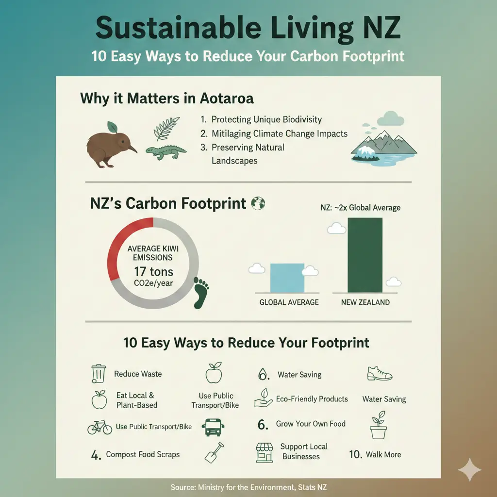 Infographic: Sustainable Living NZ: 10 Easy Ways to Reduce Your Carbon Footprint — key facts and figures at a glance