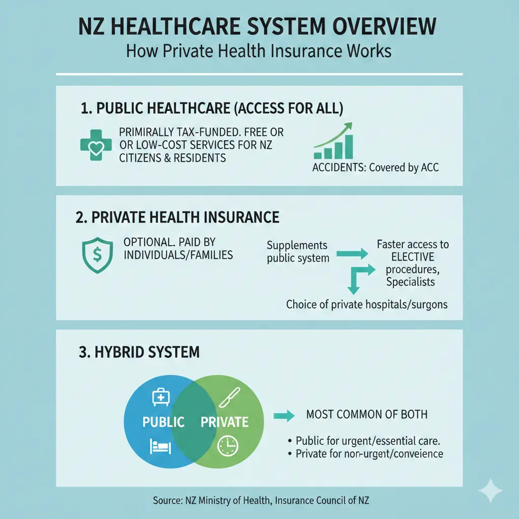 Infographic: The NZ Healthcare System: How Private Health Insurance Works — key facts and figures at a glance
