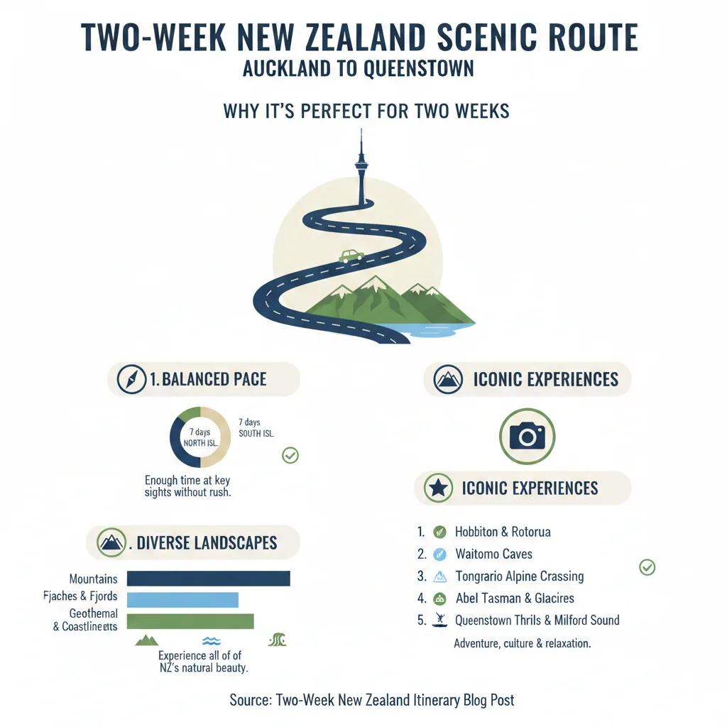 Infographic: Two‑Week New Zealand Itinerary: Scenic Route from Auckland to Queenstown — key facts and figures at a glance