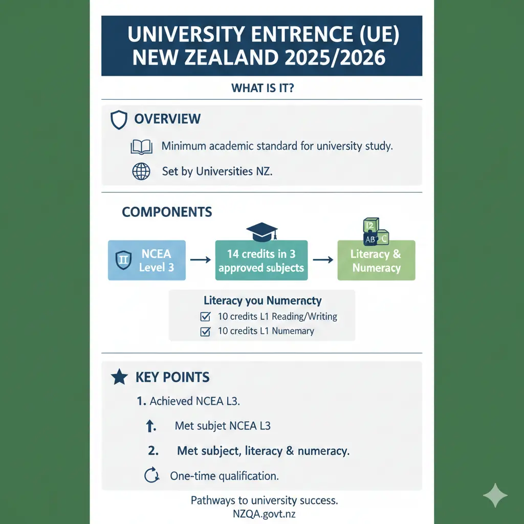 Infographic: University Entrance Requirements NZ 2025/2026 — key facts and figures at a glance
