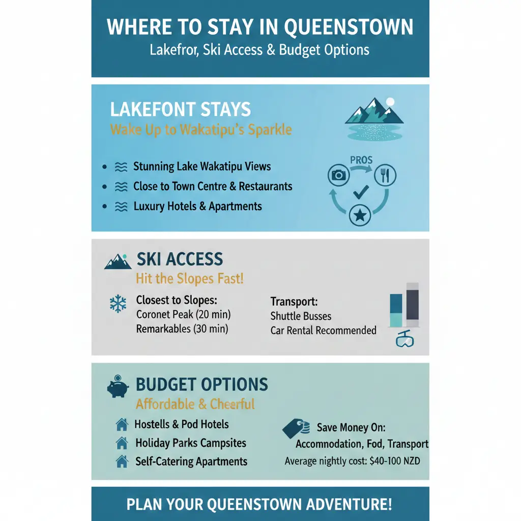 Infographic: Where to Stay in Queenstown: Lakefront, Ski Access and Budget Options — key facts and figures at a glance