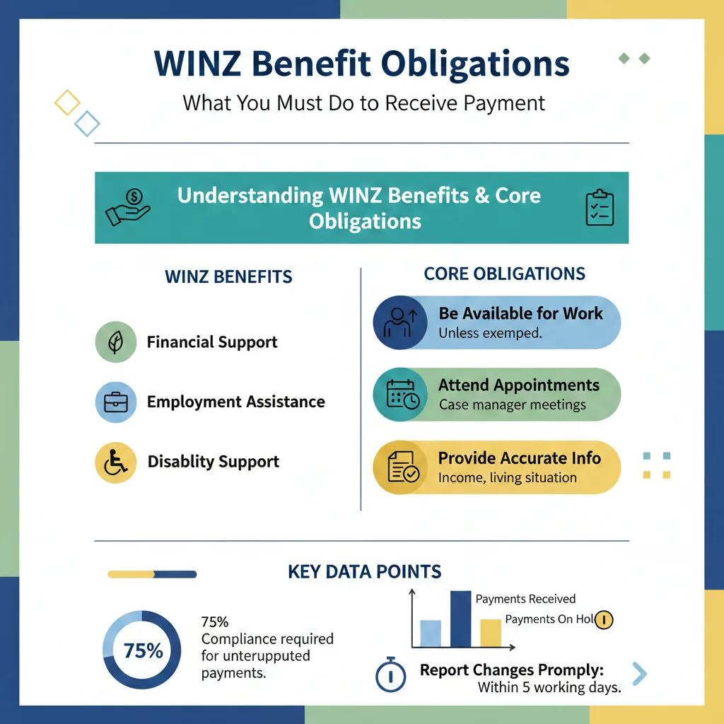 Infographic: WINZ Benefit Obligations: What You Must Do to Receive Payment — key facts and figures at a glance